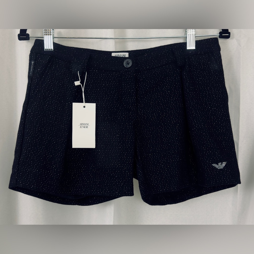Armani Junior Black Wool Mix Trouser Shorts with Bow on Back Italian 12A. NWT - Picture 2 of 14